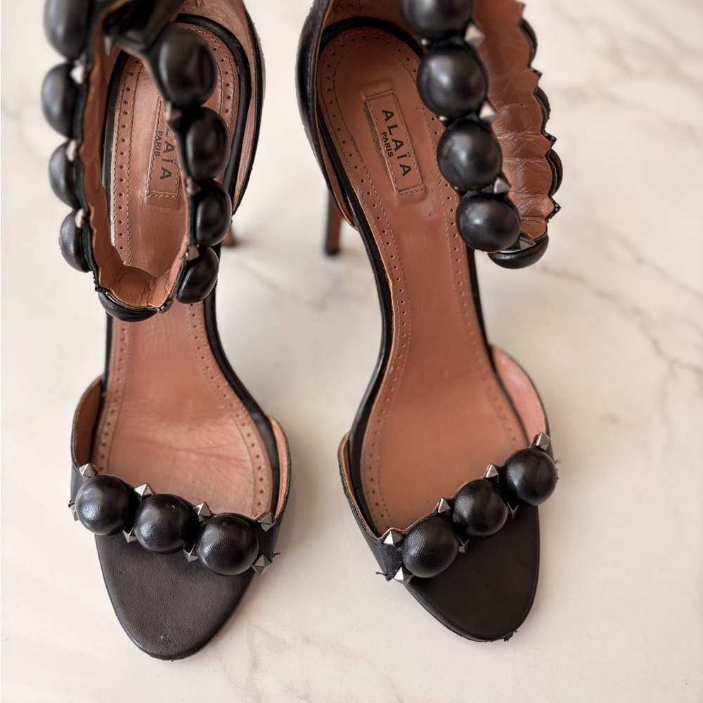 Black Beaded Leather High-Heel Sandals